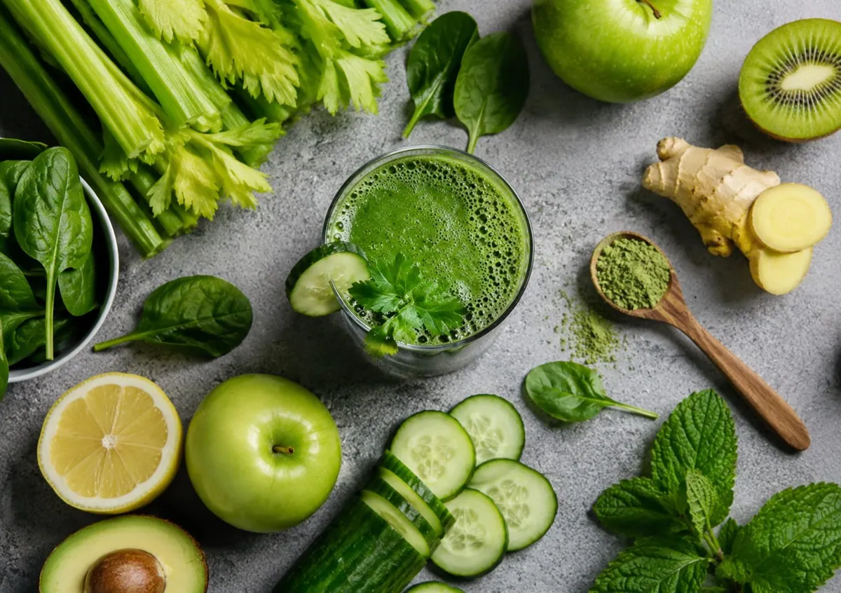 Green detox juice with celery, spinach, cucumber, apple, kiwi and ginger